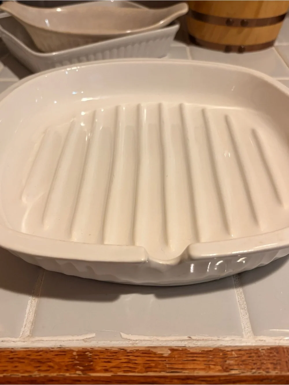 Corningware White Ridged Ceramic Grill Pan & French White Oval Casserole Dish